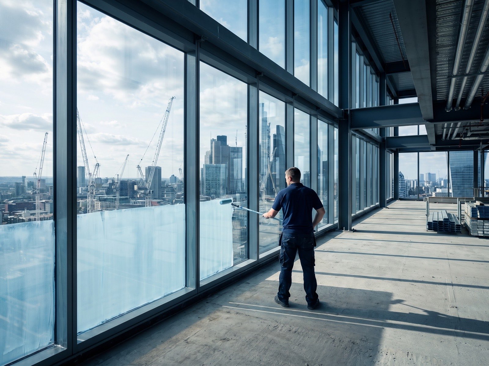 Roller application on high-rise glazing